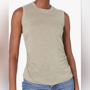 Textured Ruched Top Cuffed Cap Sleeve Metal Gray Medium Women's 100 linen